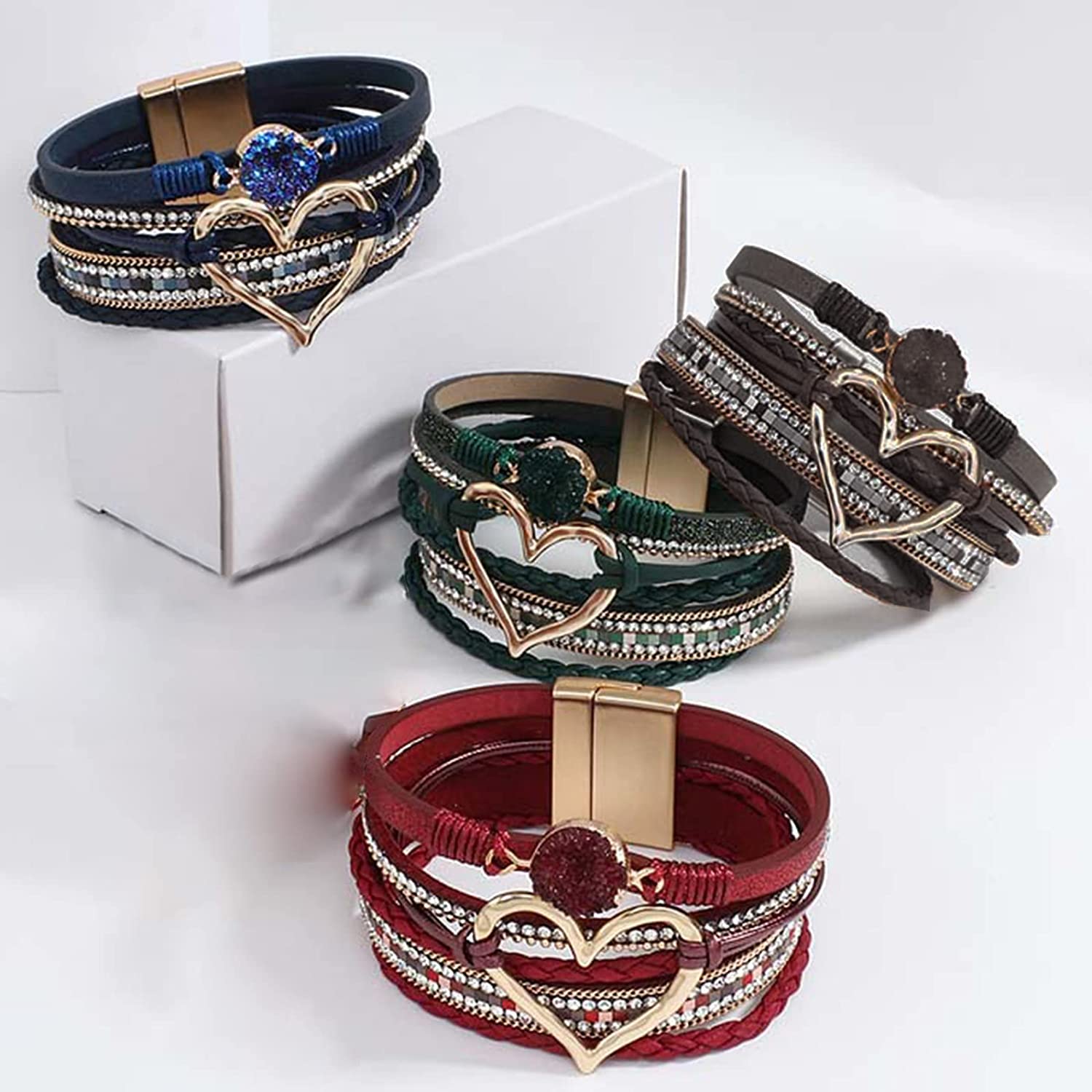 Long tiantian Multilayer Wrap Leather Bracelet Heart Modern Boho Bracelet with Magnetic Clasp Cuff Rhinestone Leather Bracelets for Women - Image 5